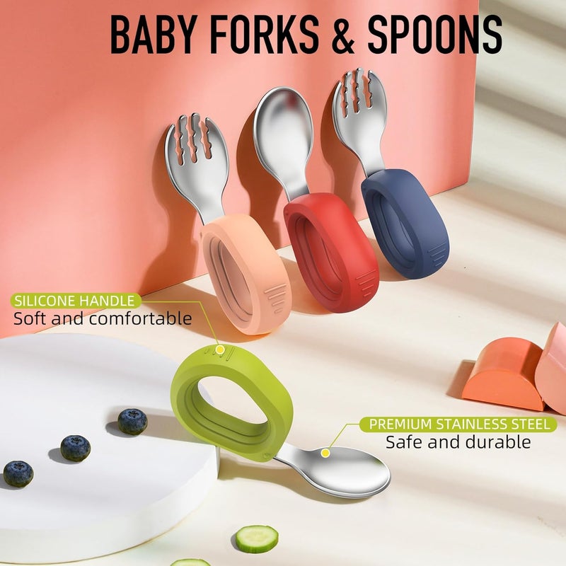 yimido Toddler Utensils - Baby Forks and Spoons Set - Kids Stainless Steel Silverware - Children Safe - Self Feeding - Dishwasher Safe (Orange + Green) - Image 2